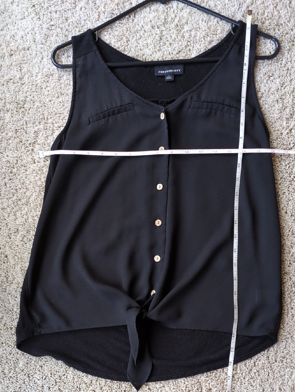 Fortune & Ivy Black Button-Front Tie Hem Camisole